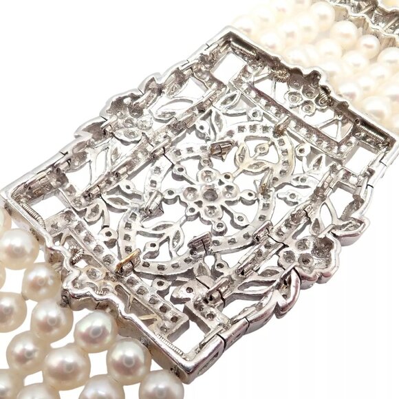 Vintage Estate 18k White Gold Diamond 7 Row 4.5mm Pearl Bracelet - Picture 13 of 15